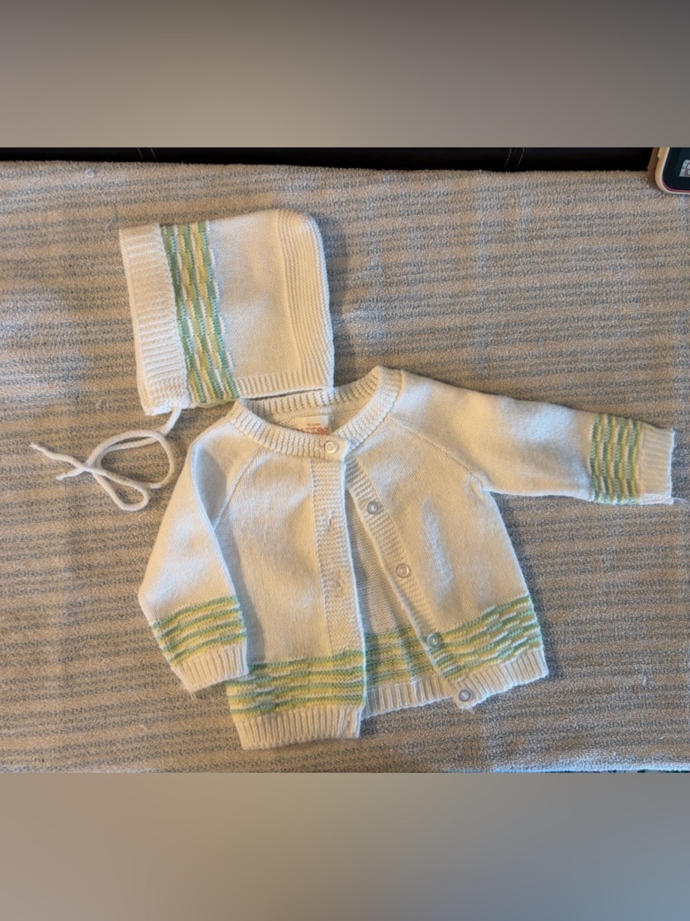 White Baby Cardigan & Hat Set with Green Stripes Vintage Handmade